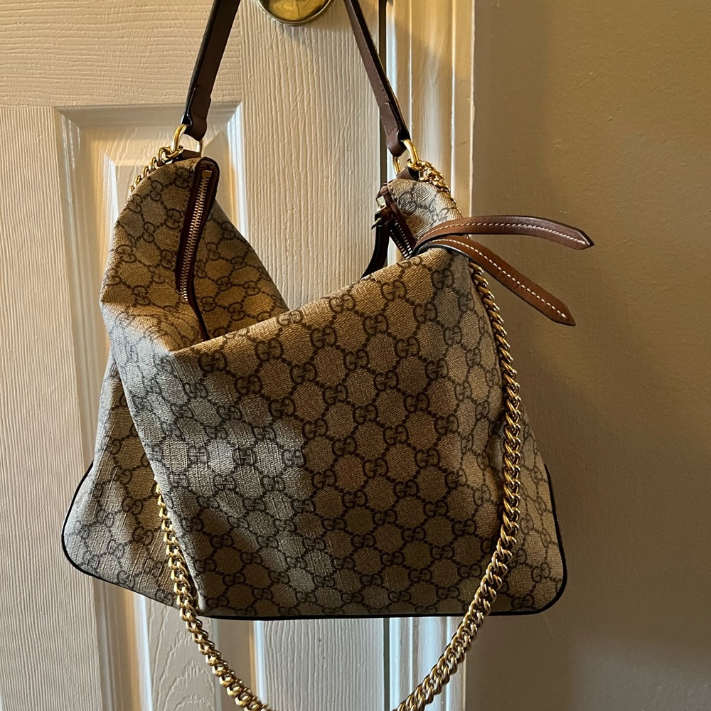 Gucci Monogram Beige Shoulder Bag with Gold Chain